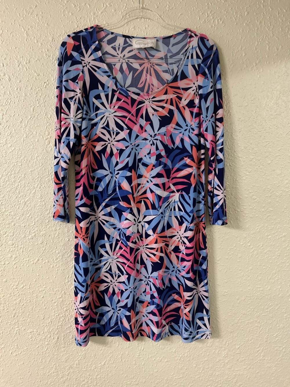 Pappagallo Floral Palm Leaf Print 3/4 Sleeve Jersey Dress